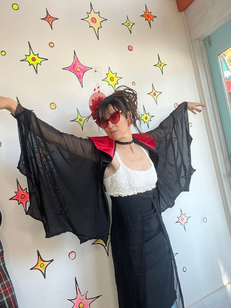 Vampire Cape with Stand Up Red Collar – Black Sheer Bat Sleeves Goth Cosplay XL