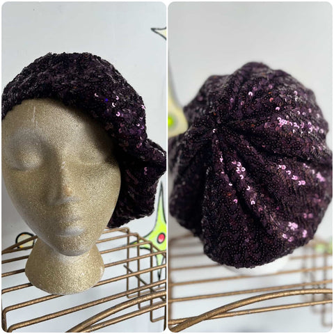 Vintage Purple Sequin French Raspberry Beret – Hat – Y2K Glam Coquette Style