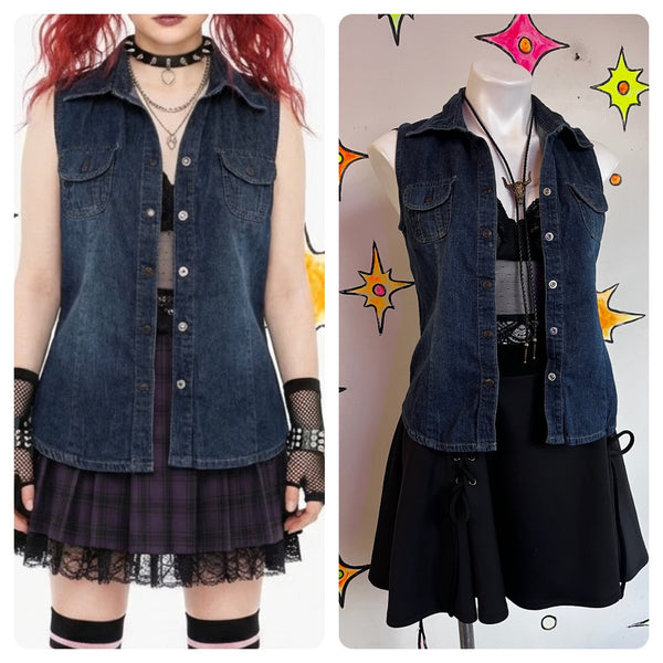 Vintage Y2K Denim Sleeveless Button-Up Indie Sleaze Grunge Biker Vest – S