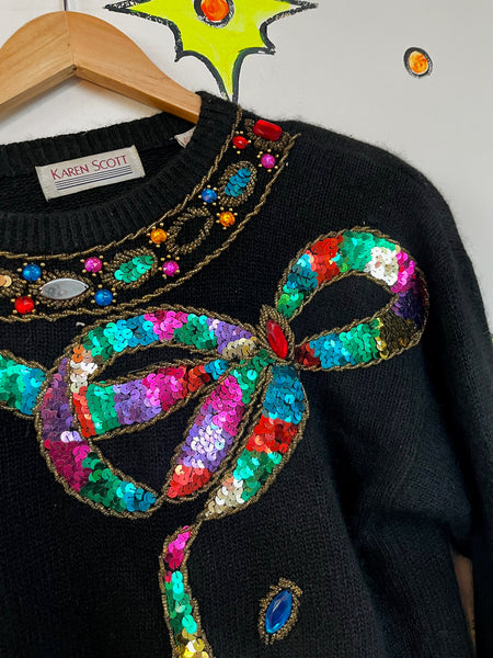 Vintage 80s Rainbow Embellished Christmas Sweater Sequin Beaded Holiday Party L