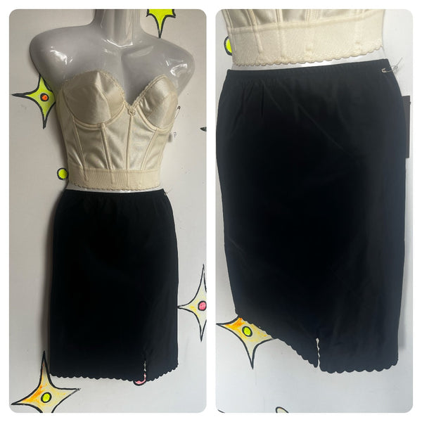 Vintage 50s 60s | Black Scalloped Embroidered Taffeta Slip Skirt Half Slip | Sm