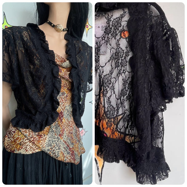 Black Lace Shrug Blouse Romantic Fairy Grunge Gothic Top Boudoir Sheer Cardigan