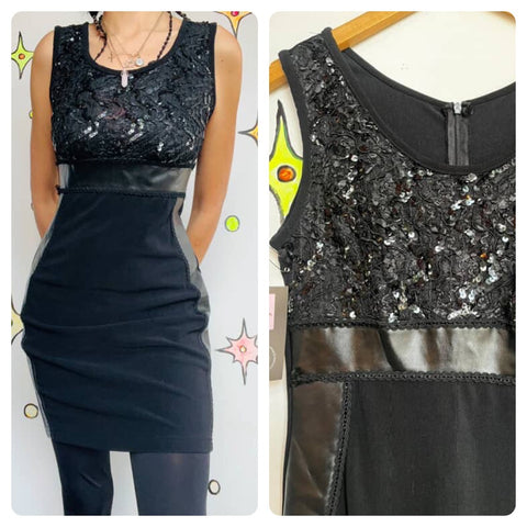 Vintage Y2K | Black Sparkle Beaded Mini Little Black Party Dress | Size S - M