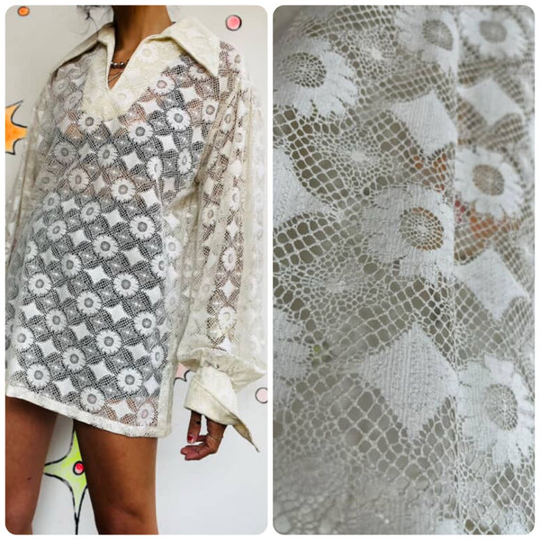 Vintage 70s White Sheer Lace Romantic Grunge Boho Dagger Collar Blouse | M