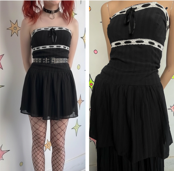 90s Y2K Vintage Black Whimsygoth Babydoll Dress White Lace Trim Lolita Mini S/M