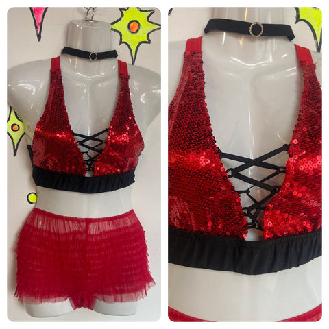 Vintage 90s Y2K | Red Goth Rocky Horror Disco Sequin Dance Bralette Bra Top | S