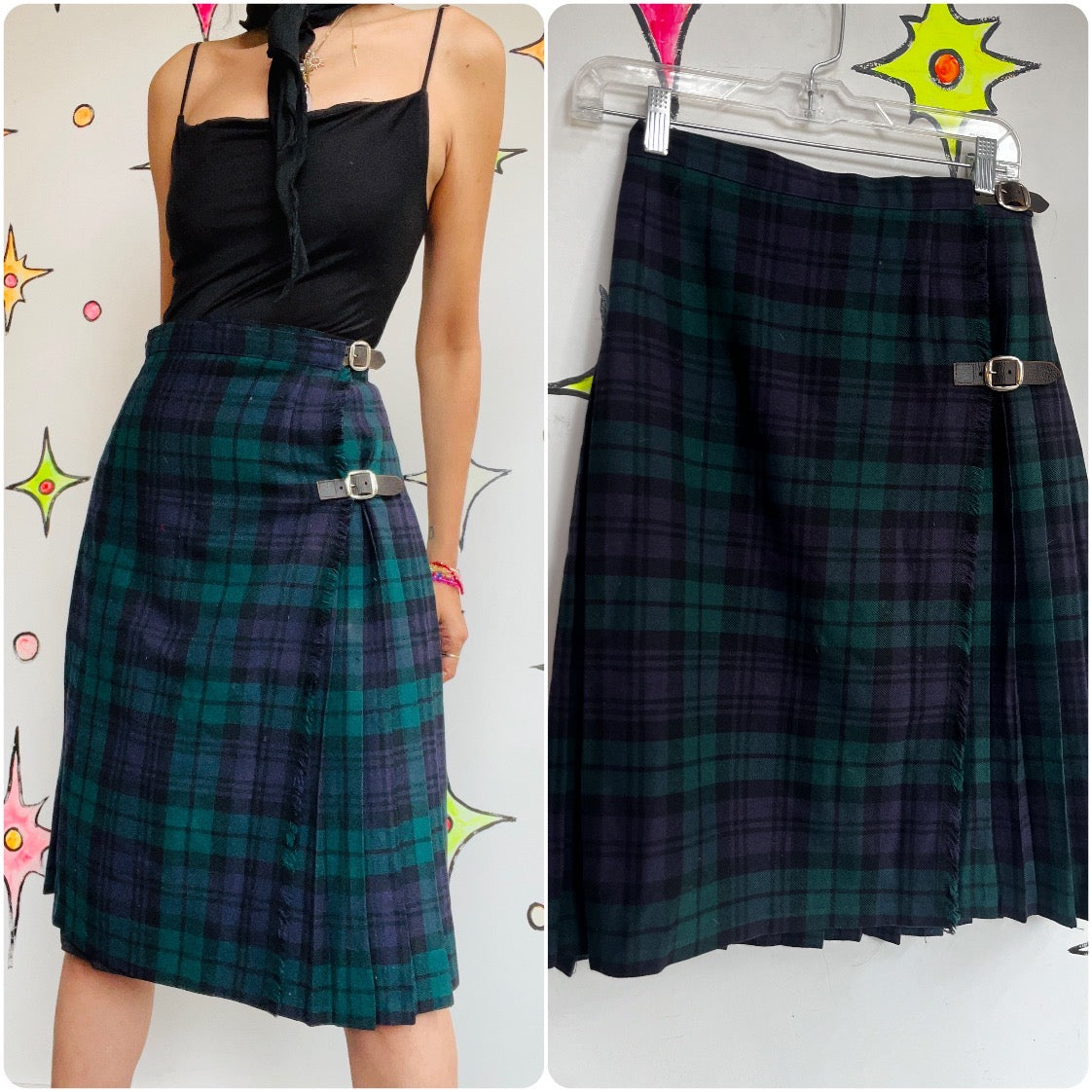 Vintage | Tartan School Girl Blue Green Plaid Pleated Wool Wrap Skirt | Small