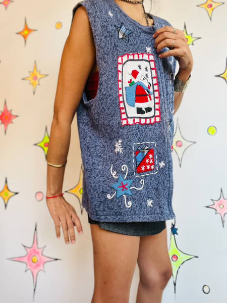 Vintage 80s 90s Ugly Christmas Sweater Santas Vest Blue Zip-Up Holiday Vest | XL