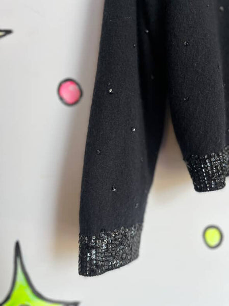 Vintage 1950s | Beaded Black Boho Grunge Whimsy Goth Wool Cardigan Sweater | S