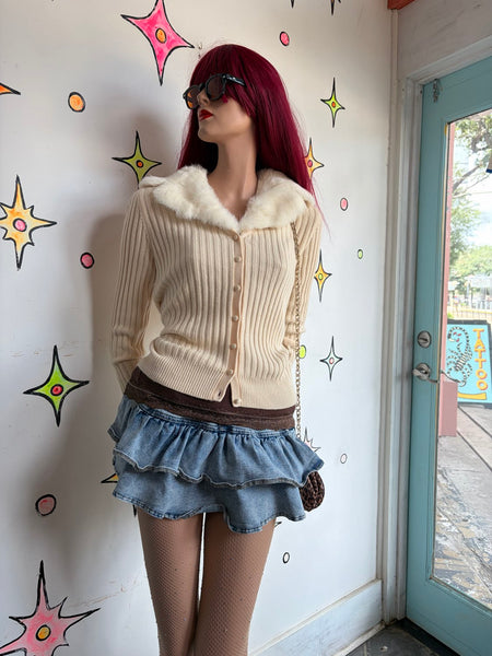 Vintage 90s Ann Taylor Off-White Cashmere Fur Trim Cardigan Coquette Glam S