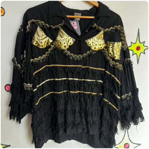 80s Glam Beaded Fringe Crop Top | Black Gold Sequin Festival Party Shirt | Large