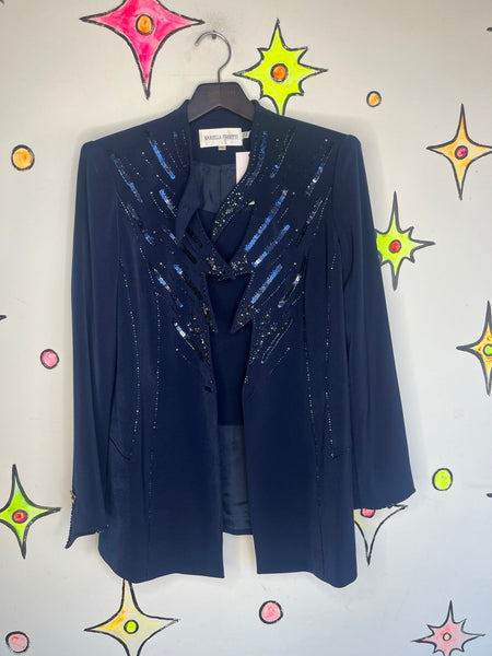 Vintage 90s Navy Beaded Abstract Sculptural Blazer Avant Garde Art Glam - L/XL