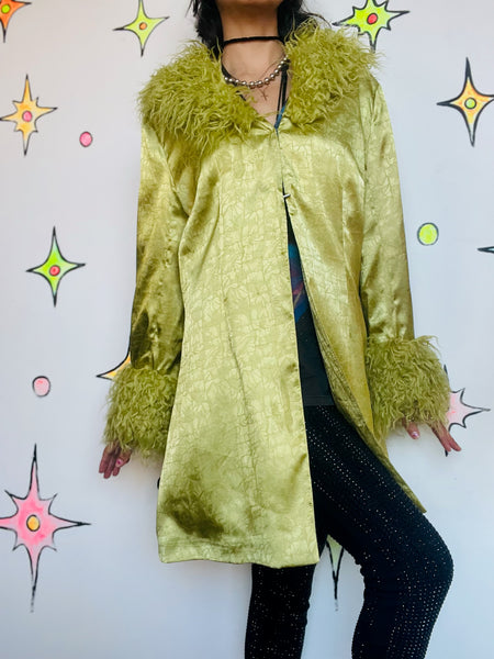 Vintage 90s Y2K Silky Lime Green Robe Boho Grunge Glam Coat w Faux Fur Trim - M