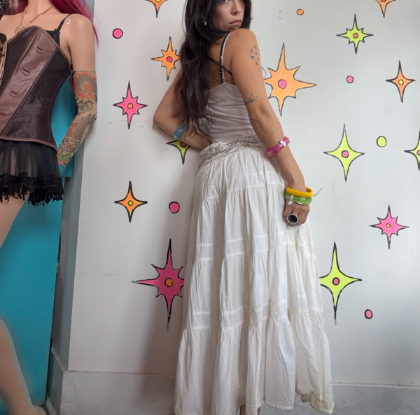 Y2K White Beaded Boho Midi Skirt Fairy Grunge Western Cowgirl Tiered L