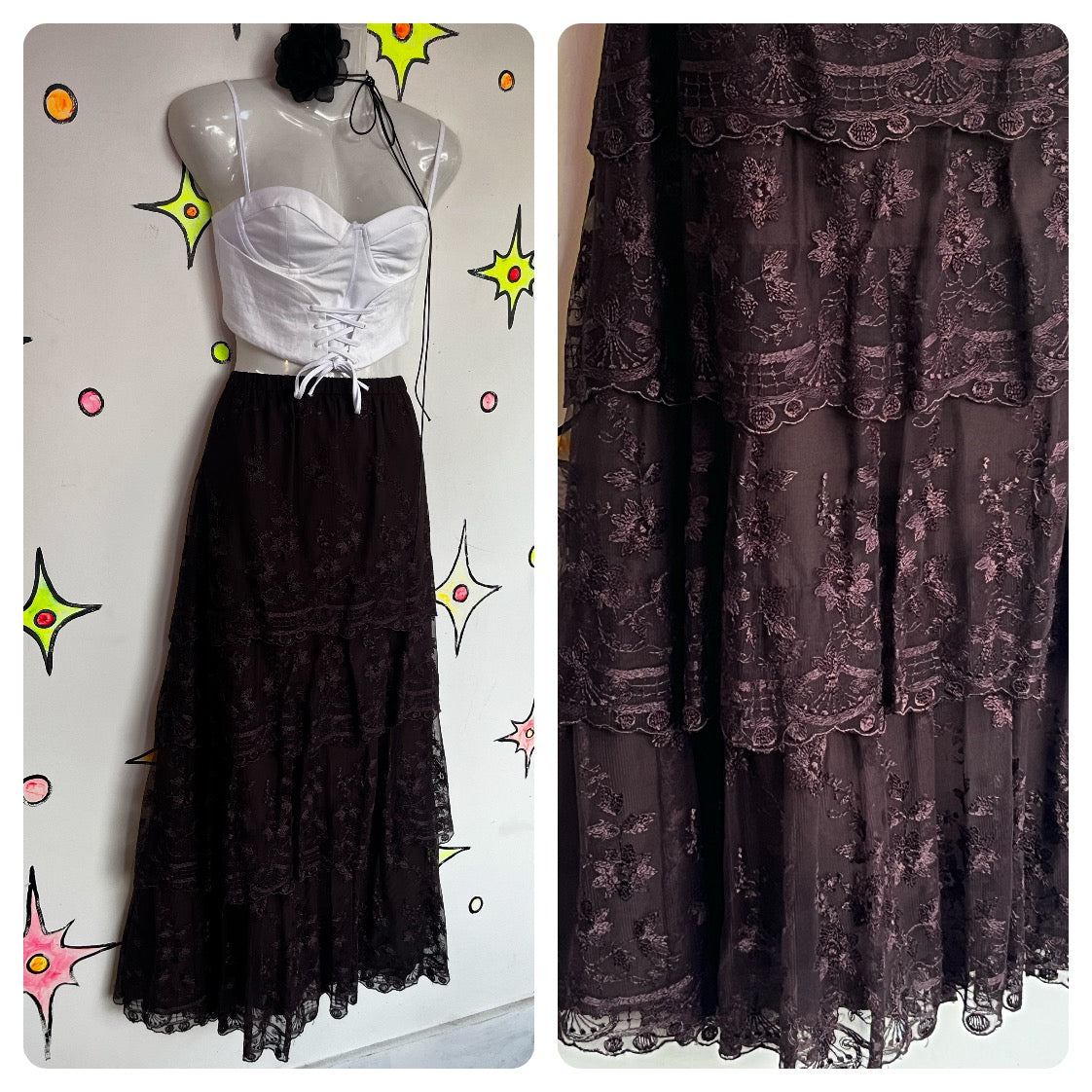 Vintage 90s Y2K | Black Fairy Grunge Whimsy Goth Tiered Ruffle Maxi Skirt | XL