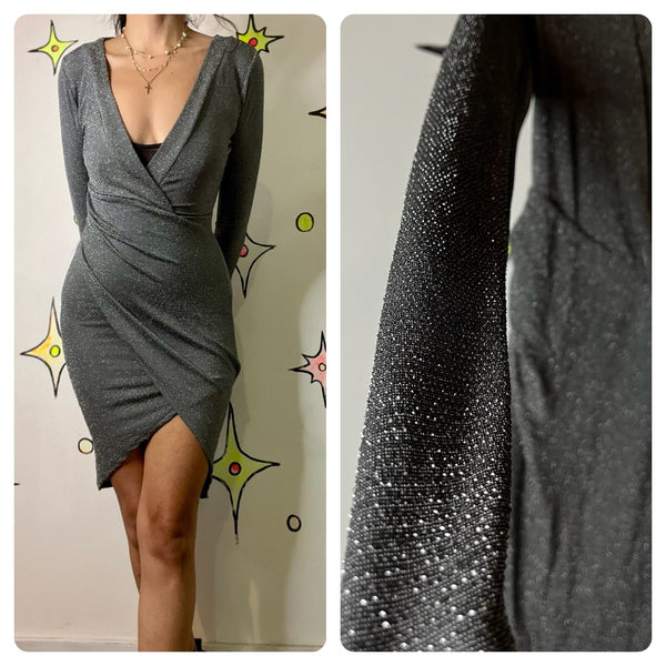 90s Fairy Grunge Silver Holiday Party Dress - Slinky Stretchy Glitter Mini - S