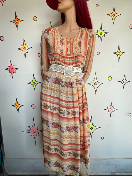 Vintage 90s Lightweight Boho Whimsy Grunge Western Folk Artisan Midi Dress S