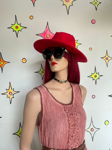 Cherry Red Felt Western Boho Hat Wide Brim Grunge Festival Fedora