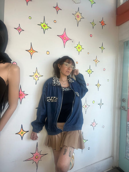 80s Denim Jacket with Leopard Trim | Boho Grunge Studded Jean Jacket – L