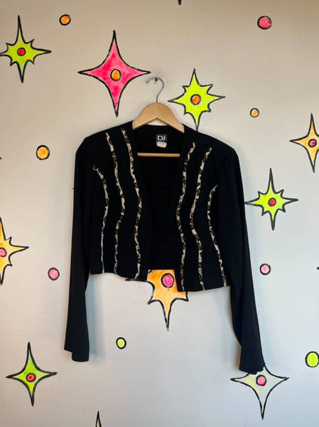 Vintage 80s–90s Black Cropped Blazer with Leopard Stripes Grunge Goth Punk Small