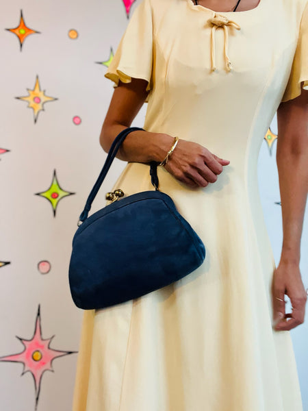 Blue Suede Clutch – 1940s Waldman Purse – Art Deco – Vintage Soft Suede Handbag