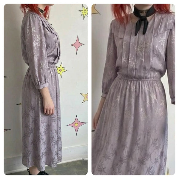 Vintage 80s | Lavender Pastel Silky Flowy Goddess Secretary Dress | 7 8