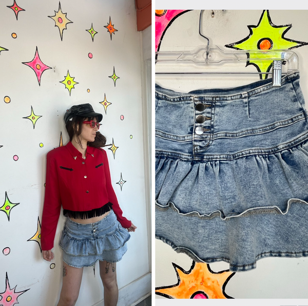 Y2K Stretch Denim Ruffle Mini Skirt Micro Skirt Baddie McBling Core S/M