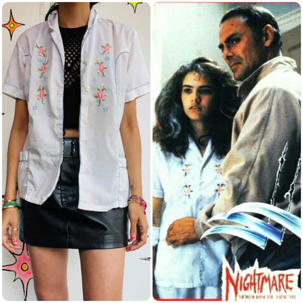 Vintage 70s White Embroidered Pajama Top - Nancy Nightmare on Elm Street Style - S