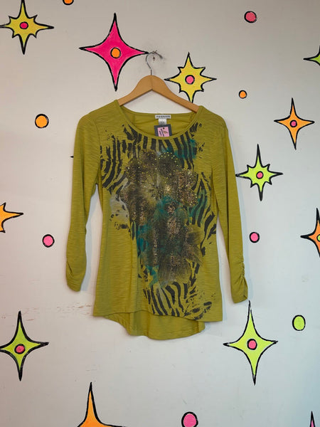 Y2K Chartreuse Zebra Print Tee | McBling Glam Animal Print Top Small