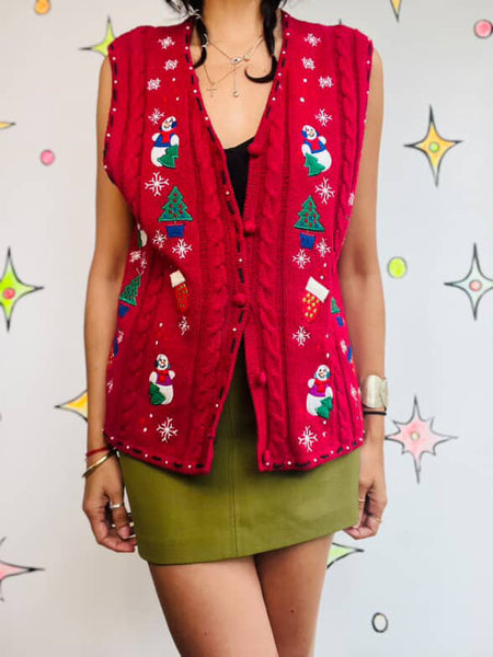 Vintage 90s Red Christmas Vest | Snowman Sweater Vest | Ugly Xmas Party – Size M