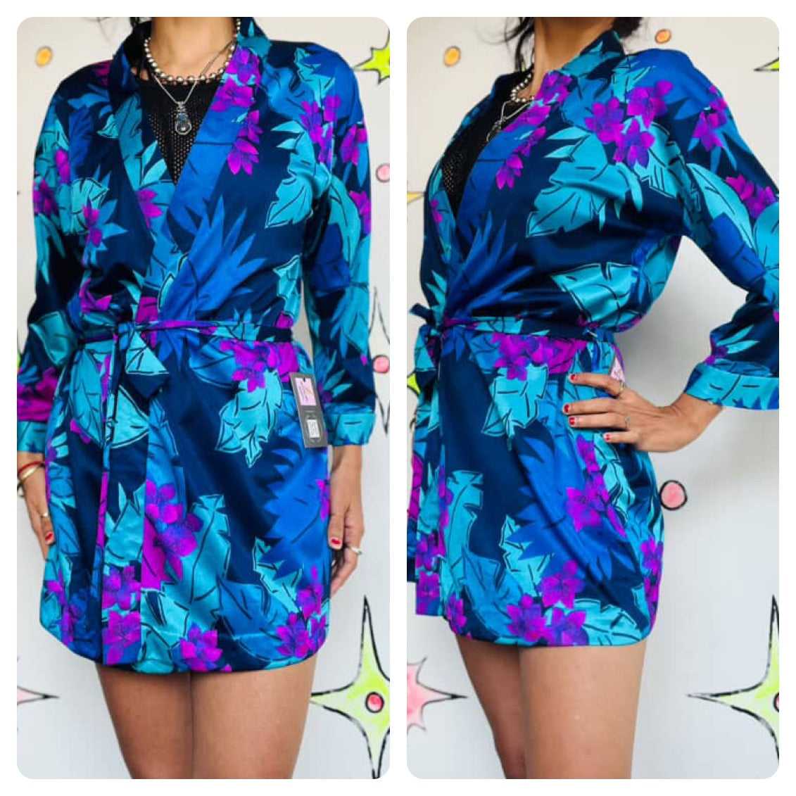 Vintage 70s/80s Teal & Magenta Tiki Hawaiian Night Robe | Retro PJs – M