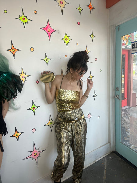 80s Gold Lamé Pants High Rise Disco Glam Studio 54 Retro Liquid Metallic M/L