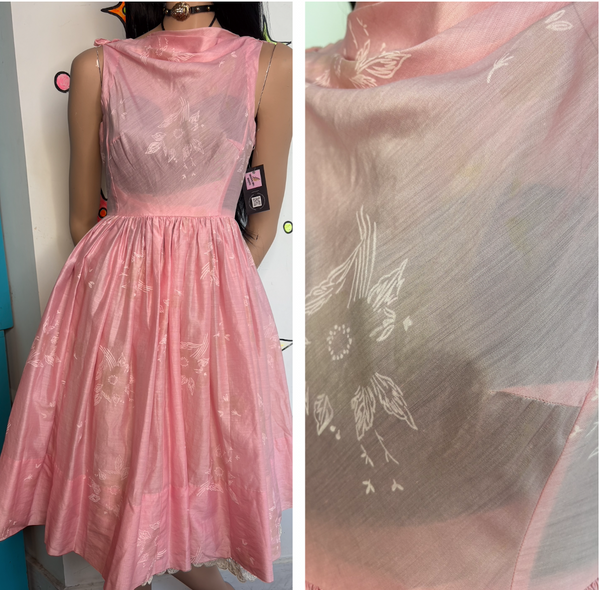 Vintage 50s Pink Bows Dress Babydoll Cotton Cupcake Party Kawaii Twirl Pinup S/M