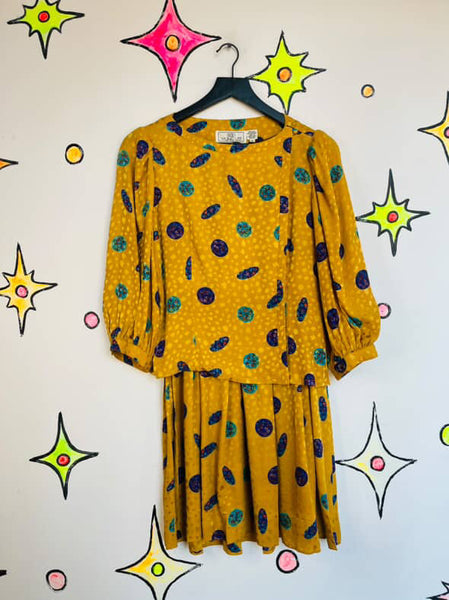 Vintage 80s Rainbow Silk Wearable Art Goddess Secretary Dress Set – Small