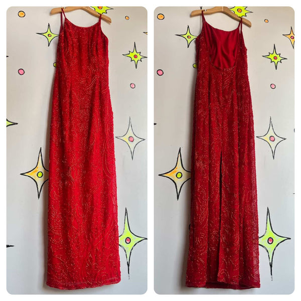 Vintage 80s 90s Cherry Red Fully Beaded Full-Length Glam Gown - S