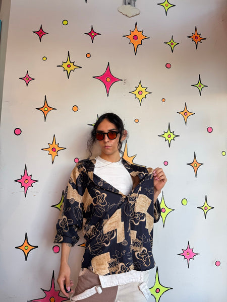 Vintage 90s Abstract Silk Shirt | Artsy Whimsy Goth Wearable Art Button Up L