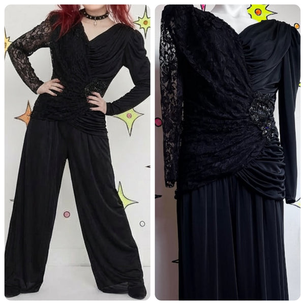 Vintage 80s Black Ruched Lace Jumpsuit | Goth Glam Formal Party Gown – L