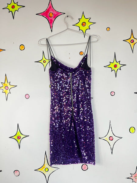 Y2K Metallic Sparkle Sequin Purple Mini Party Dress ' Christmas Disco NYE ' XS
