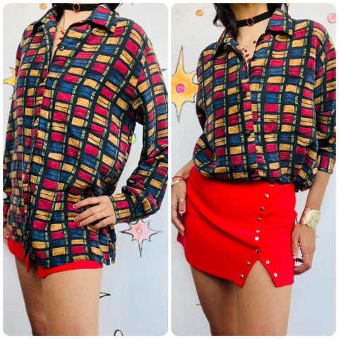 Vintage 80s 90s Silk Abstract Wearable Art Shirt Multicolor Retro Button Up M