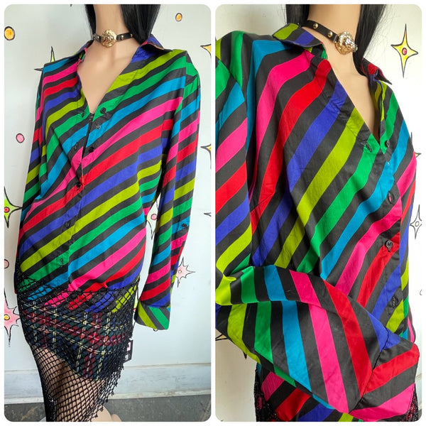 Rainbow Striped Button Up Shirt – Rainbowcore Fairy Grunge Boho Pride Top L/XL