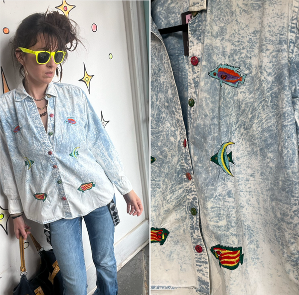 Vintage 80s Acid Wash Rainbow Fish T-Shirt MTO Maximalist Cotton Tee S
