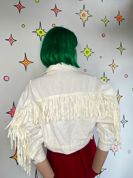 White Denim Fringe Crop Jacket Western Cowgirl Festival Streetwear S