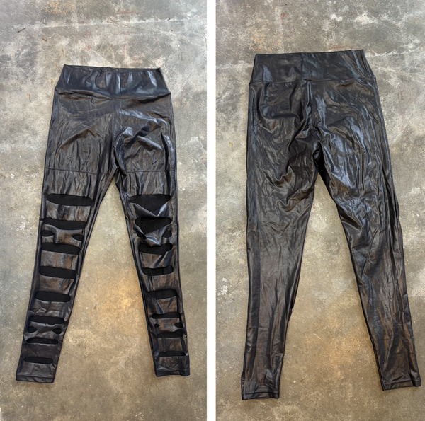 Y2K Black Vegan Leather Pants Thrashed Cyber Goth Punk High Rise Glam Leggings S