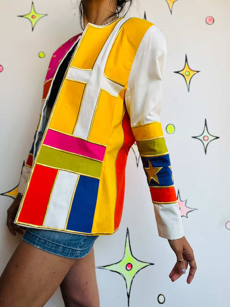 Vintage 80s 90s IBE Wearable Art Rainbow Blazer w Gold Stars - Patchwork – Sz 8