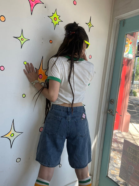 Y2K Denim Jorts with Star Detail - Grunge Emo Streetwear Long Shorts SM