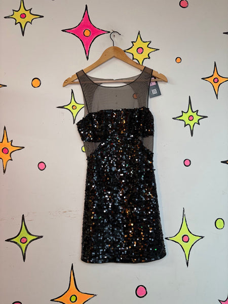 Black Beaded Mini Dress Sheer Cutout Cocktail Party Goth Glam Dress S