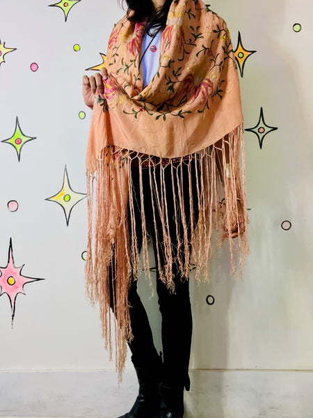 Antique Silk Piano Shawl Boho Art Decor Floral Embroidered Fringe Wrap