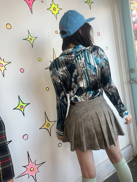 Vintage Abstract Teal Pleated Button Up | Y2K Fairy Grunge Wearable Art – M