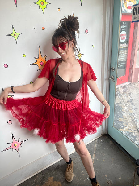 Crimson Red Tulle Tutu Mini Skirt Babydoll Dollcore Retro Pin-Up Separate S