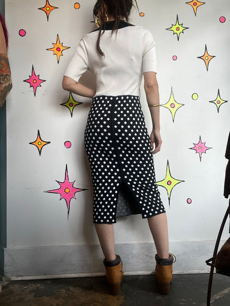 Retro 90s Black & White Polka Dot Dagger Collar Midi Dress 60s 70s Mod Knit M